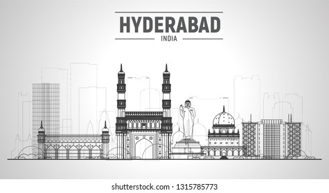 Hyderabad India Line Skyline With Panorama In Sky Background. Vector Illustration. Business Travel And Tourism Concept With Modern Buildings. Image For Banner Or Web Site.