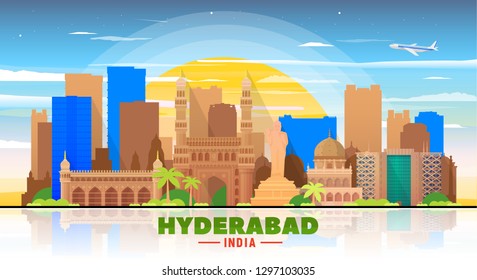 Hyderabad India Skyline With Panorama In Sky Background. Vector Illustration. Business Travel And Tourism Concept With Modern Buildings. Image For Banner Or Web Site.