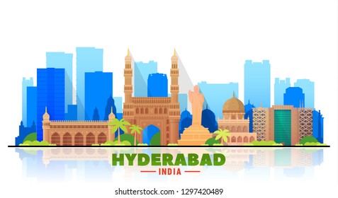 Hyderabad India Skyline With Panorama In White Background. Vector Illustration. Business Travel And Tourism Concept With Modern Buildings. Image For Banner Or Web Site.