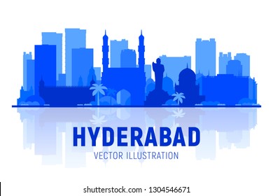 Hyderabad India Skyline Silhouette At White Background. Vector Illustration. Business Travel And Tourism Concept With Modern Buildings. Image For Banner Or Web Site.