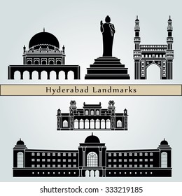 Hyderabad landmarks and monuments isolated on blue background in editable vector file