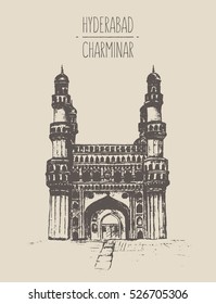 Hyderabad Main Attraction, Charminar, A Monument And Mosque. Hand Drawn, Engraved Vector Illustration