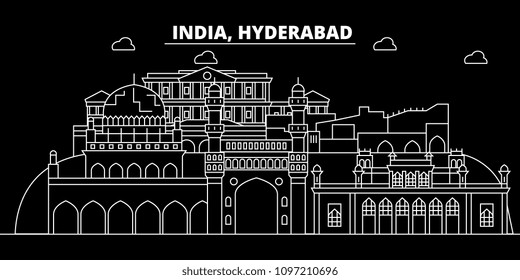 Hyderabad Silhouette Skyline. India - Hyderabad Vector City, Indian Linear Architecture, Buildings. Hyderabad Travel Illustration, Outline Landmarks. India Flat Icons, Indian Line Banner