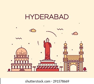 Hyderabad skyline, detailed silhouette. Trendy vector illustration, linear style.