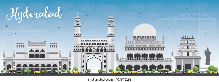 Hyderabad Skyline with Gray Landmarks and Blue Sky. Vector Illustration. Business Travel and Tourism Concept with Historic Buildings. Image for Presentation Banner Placard and Web Site.