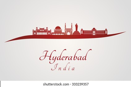 Hyderabad skyline in red and gray background in editable vector file