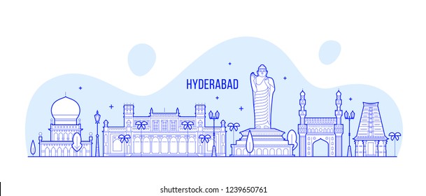 Hyderabad skyline, Telangana, India. This illustration represents the city with its most notable buildings. Vector is fully editable, every object is holistic and movable