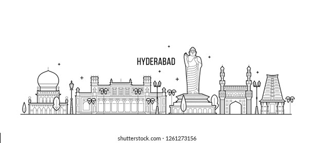 Hyderabad skyline, Telangana, India. This illustration represents the city with its most notable buildings. Vector is fully editable, every object is holistic and movable