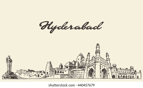 Hyderabad skyline, vector engraved illustration, hand drawn, sketch