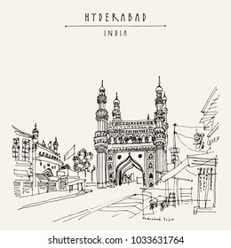 Hyderabad, Telangana state, India. Charminar - famous historical mosque. Travel sketch. Vintage hand drawn Ramadan Kareem or Idul Fitri celebration postcard or poster. Vector book illustration