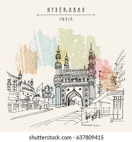 Hyderabad, Telangana state, India. Charminar - famous historical mosque. Travel sketch. Vintage hand drawn Ramadan Kareem or Idul Fitri celebration postcard or poster. Vector book illustration