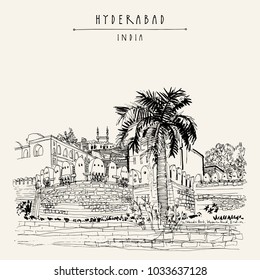 Hyderabad, Telangana state, India. Golkonda fort - famous historical sight. Travel sketch. Vintage hand drawn postcard template. Vector illustration