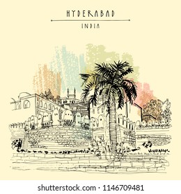 Hyderabad, Telangana state, India. Golkonda fort - famous historical sight. Travel sketch. Vintage hand drawn postcard template. Vector illustration