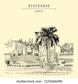 Hyderabad, Telangana state, India. Golkonda fort - famous historical sight. Travel sketch. Vintage hand drawn postcard template. Vector illustration