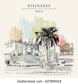 Hyderabad, Telangana state, India. Golkonda fort - famous historical sight. Travel sketch. Vintage hand drawn postcard template. Vector illustration