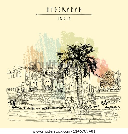 Hyderabad, Telangana state, India. Golkonda fort - famous historical sight. Travel sketch. Vintage hand drawn postcard template. Vector illustration