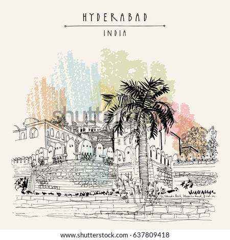 Hyderabad, Telangana state, India. Golkonda fort - famous historical sight. Travel sketch. Vintage hand drawn postcard template. Vector illustration