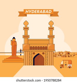 Hyderabad Vector Illustration, Vector Flat Illustration, Budha vector, Golconda Vector Illustration