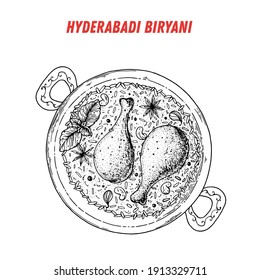 Hyderabadi Biryani sketch, Indian food. Hand drawn vector illustration. Sketch style. Top view. Vintage vector illustration.