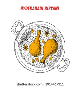 Hyderabadi Biryani sketch, Indian food. Hand drawn vector illustration. Sketch style. Top view. Vintage vector illustration.