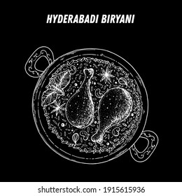 Hyderabadi Biryani sketch, Indian food. Hand drawn vector illustration. Sketch style. Top view. Vintage vector illustration.