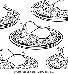 Hyderabadi Biryani sketch, Indian food. Hand drawn vector illustration. Sketch style. Top view. Vintage vector illustration