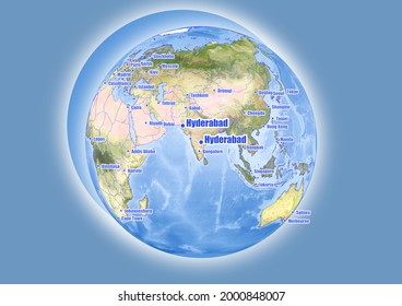 Hyderabad-India is shown on vector globe map. The map shows Hyderabad-India 's location in the world.