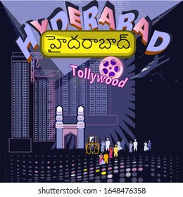 Hyderabad,is the capital of the state of Telangana, India.Travel and tourism concept with architecture,auto rickshaw(Tuk Tuk),Tollywood-cinema.Hyderabad- board-Telugu language.