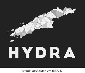 Hydra - communication network map of island. Hydra trendy geometric design on dark background. Technology, internet, network, telecommunication concept. Vector illustration.