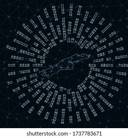 Hydra digital map. Binary rays radiating around glowing island. Internet connections and data exchange design. Vector illustration.