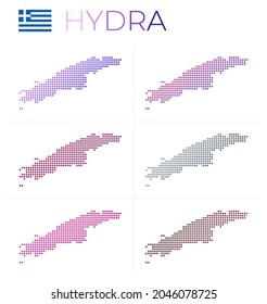 Conjunto de mapas punteados de Hydra. Mapa de Hydra en estilo punteado. Las fronteras de la isla están llenas de hermosos círculos de gradientes lisos. Ilustración vectorial artística.
