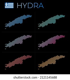 Hydra gepunkteter Kartensatz. Karte von Hydra im gepunkteten Stil. Grenzen der Insel gefüllt mit schönen glatten Gradientenzirkeln. Erstaunliche Vektorgrafik.