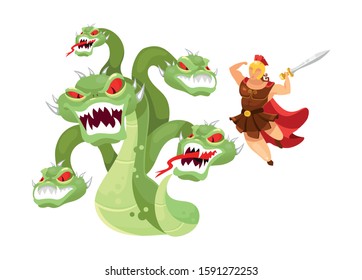 Hydra and Hercules flat vector illustration. Hero attacking mythological monster. Greek mythology. Twelve labors of Herakles. Fight with beast isolated cartoon character on white background