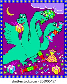 Hydra holding  presents, vector cartoon image
