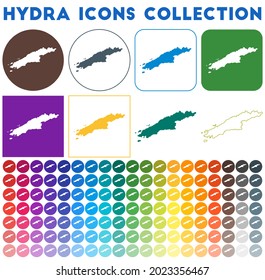 Hydra icons collection. Bright colourful trendy map icons. Modern Hydra badge with island map. Vector illustration.