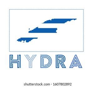 Hydra Logo. Map of Hydra with island name and flag. Amazing vector illustration.