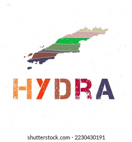 Hydra map design. Shape of the island with beautiful geometric waves and grunge texture. Elegant vector illustration.