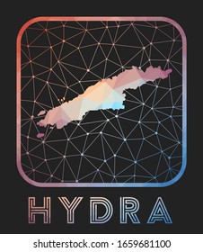 Hydra map design. Vector low poly map of the island. Hydra icon in geometric style. The island shape with polygonal gradient and mesh on dark background.