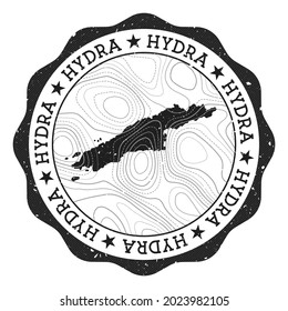 Hydra outdoor stamp. Round sticker with map of island with topographic isolines. Vector illustration. Can be used as insignia, logotype, label, sticker or badge of the Hydra.