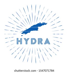 Hydra sunburst badge. The island sign with map of Hydra with Greek flag. Colorful rays around the logo. Vector illustration.