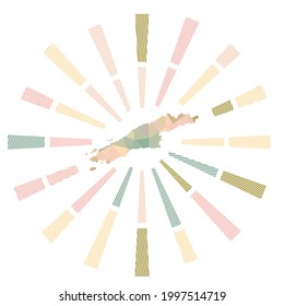 Hydra sunburst. Low poly striped rays and map of the island. Charming vector illustration.