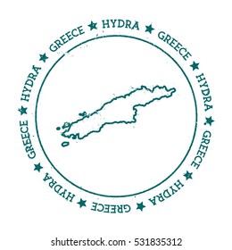 Hydra vector map. Retro vintage insignia with island map. Distressed travel stamp with Hydra text wrapped around a circle and stars. Hydra map vector illustration.