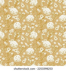 Hydrangea blooms seamless pattern. Monochrome floral fabric design. Ochre yellow color.