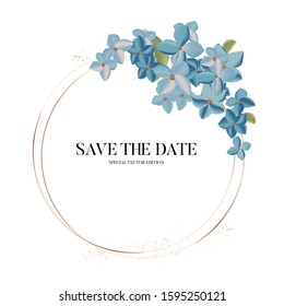 Hydrangea blue flowers 3d realistic circle save the date card in vector. Summer nature  wedding card, floral design, vintage tropical illustration template, anniversary brochure, greeting.