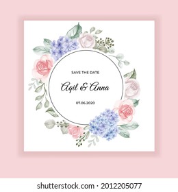hydrangea blue and rose wedding invitation