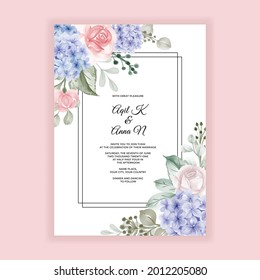 Hydrangea-Blau mit Rose-Hochzeitseinladung Vorlage