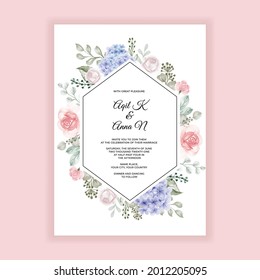 hydrangea blue with rose wedding invitation template