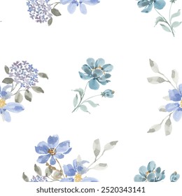 Hydrangea and Blue Watercolor Flower Seamless Pattern
