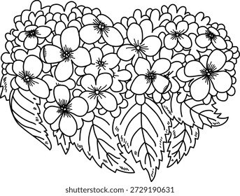 Hydrangea bouquet shaped as a heart with clustered blossom and veined leaf drawn in clean line art. Symbol of love, romance, union, devotion, and gratitude using bloom. Cartoon vector illustration.