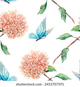 Hortensia, mariposa, patrón inconsútil. Acuarela. Ilustración vectorial dibujada a mano de las flores para las tarjetas, papel de envoltura, textil, Fondo de pantalla, tela, cubiertas.